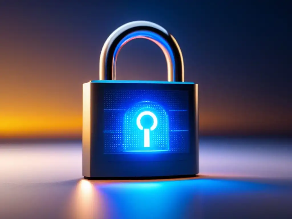 Un candado digital futurista brillante en azul, flotando en un espacio digital lleno de código binario, simbolizando medidas avanzadas de seguridad ciberinmobiliaria para inversores