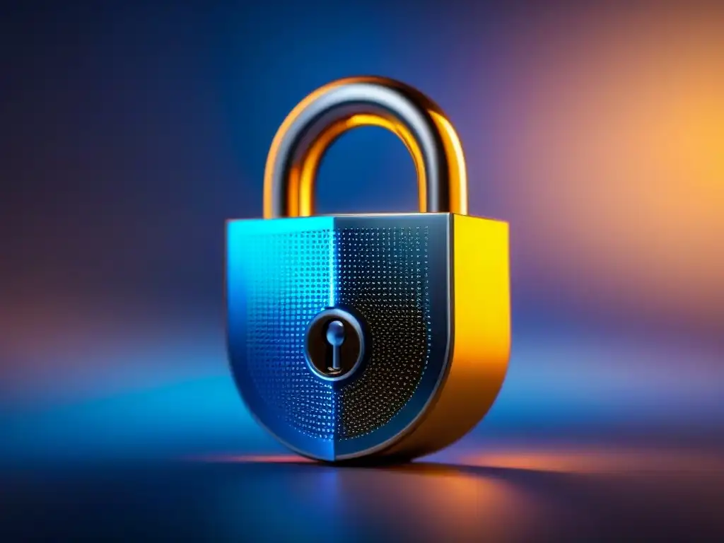 Modernidad segura: candado digital azul para inversiones inmobiliarias Un candado digital futurista brillante con luz azul, simbolizando la ciberseguridad en inversiones inmobiliarias internacionales