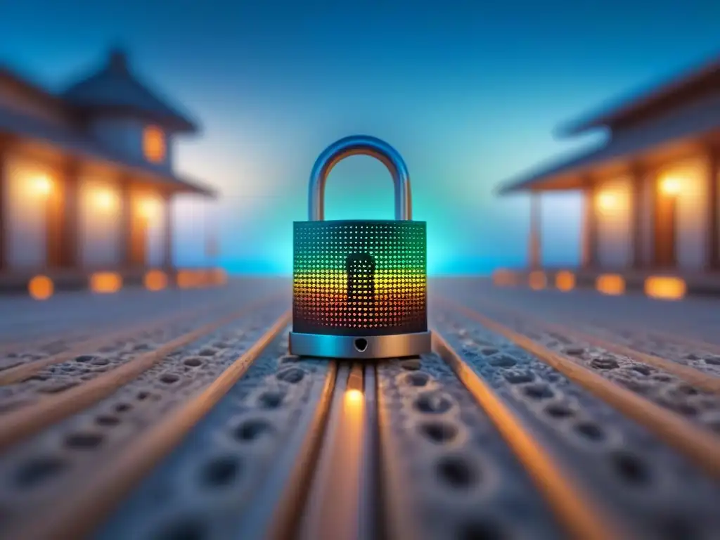 Padlock digital futurista en propiedad inmobiliaria moderna Un candado digital futurista se fusiona con la elegante propiedad inmobiliaria rodeada de código binario, representando la seguridad en inversión inmobiliaria internacional