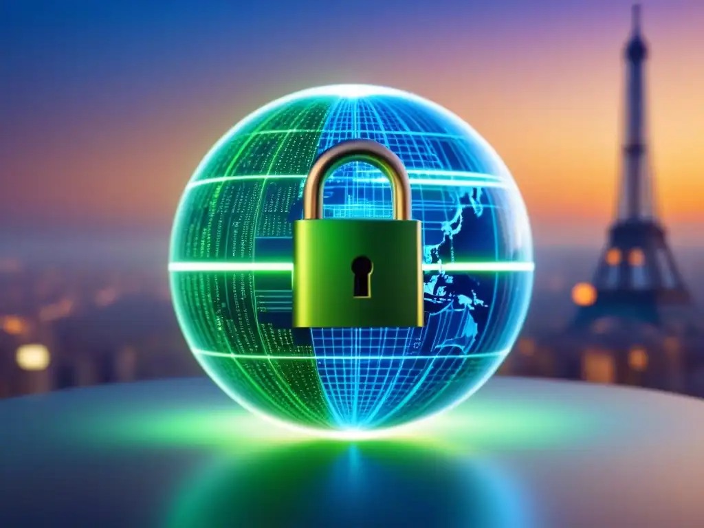 Candado digital futurista protegiendo inversiones inmobiliarias globales Candado digital futurista protegiendo inversiones inmobiliarias internacionales con ciberseguridad avanzada