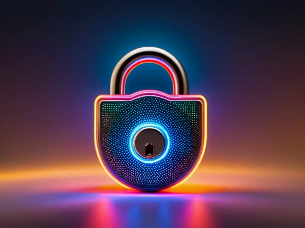 Candado digital futurista para ciberseguridad en fusiones inmobiliarias Un candado digital futurista de luces de neón, simbolizando la Importancia ciberseguridad fusiones inmobiliarias con un diseño tecnológico y moderno