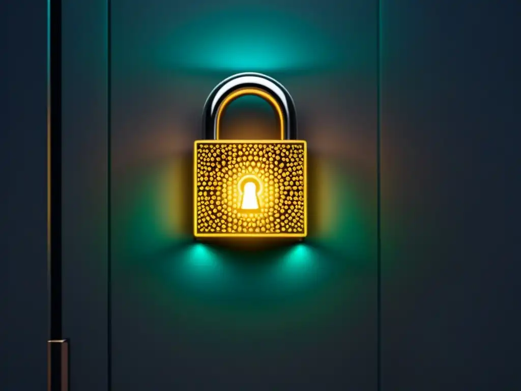 Seguridad digital para inversiones inmobiliarias Un candado digital moderno y futurista con patrones geométricos, líneas brillantes y un acabado metálico, simbolizando la seguridad en inversión inmobiliaria internacional