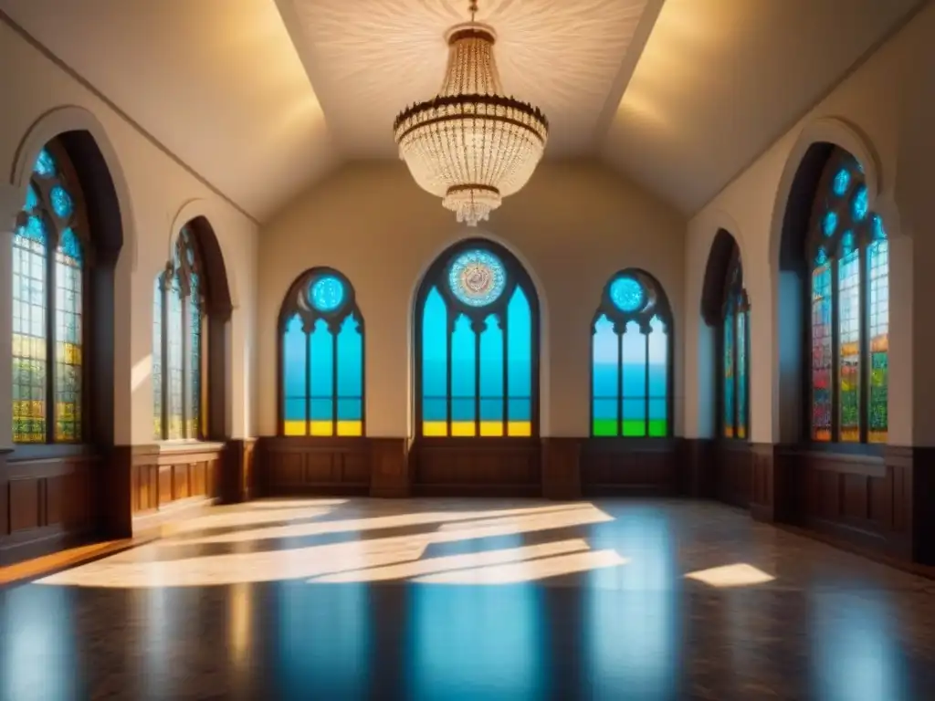 Capilla privada de lujo: vitrales y mármol en mansión moderna Capilla privada lujosa en mansión moderna con vitrales, suelos de mármol y elegantes bancos de madera