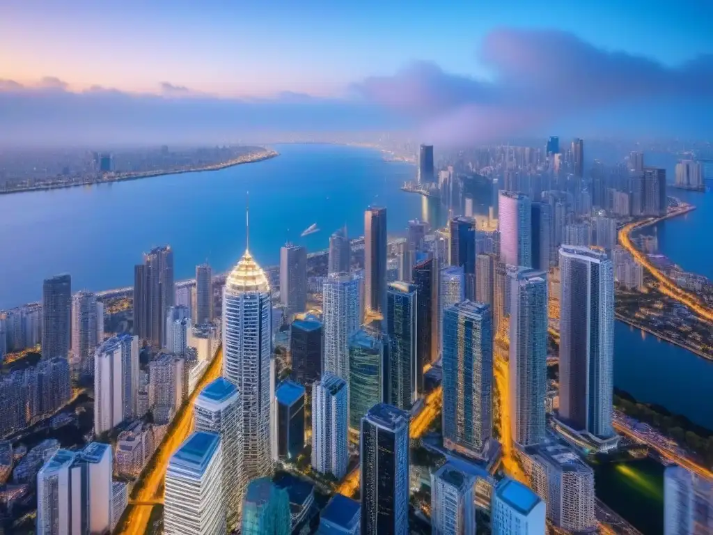Horizonte urbano de lujo: crecimiento global en bienes raíces Construir cartera inmobiliaria internacional: Una ciudad diversa de rascacielos modernos iluminados al anochecer