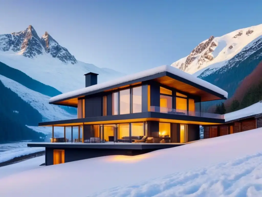 Casa ecológica de madera y piedra en la nieve Una casa ecoamigable en la montaña, construida con materiales naturales y rodeada de nieve