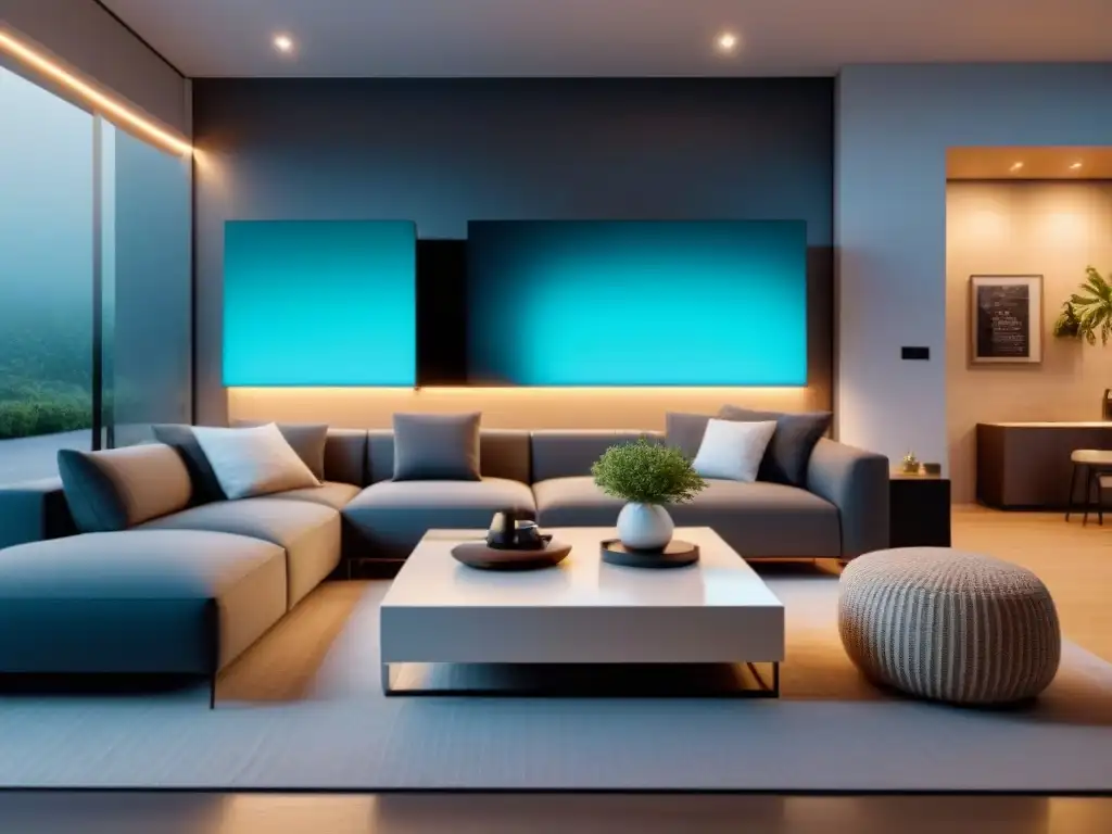 Salón inteligente de vanguardia: tecnología y diseño se fusionan Una casa inteligente de diseño moderno en el mercado inmobiliario, con tecnología de vanguardia integrada en una sala elegante y sofisticada
