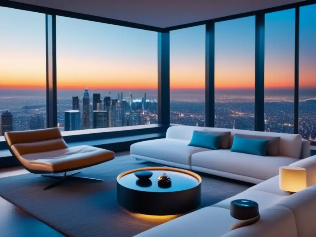 Interior de casa inteligente futurista en 8k: tech y diseño moderno Una casa inteligente futurista en el mercado inmobiliario global, con diseño moderno y tecnología avanzada