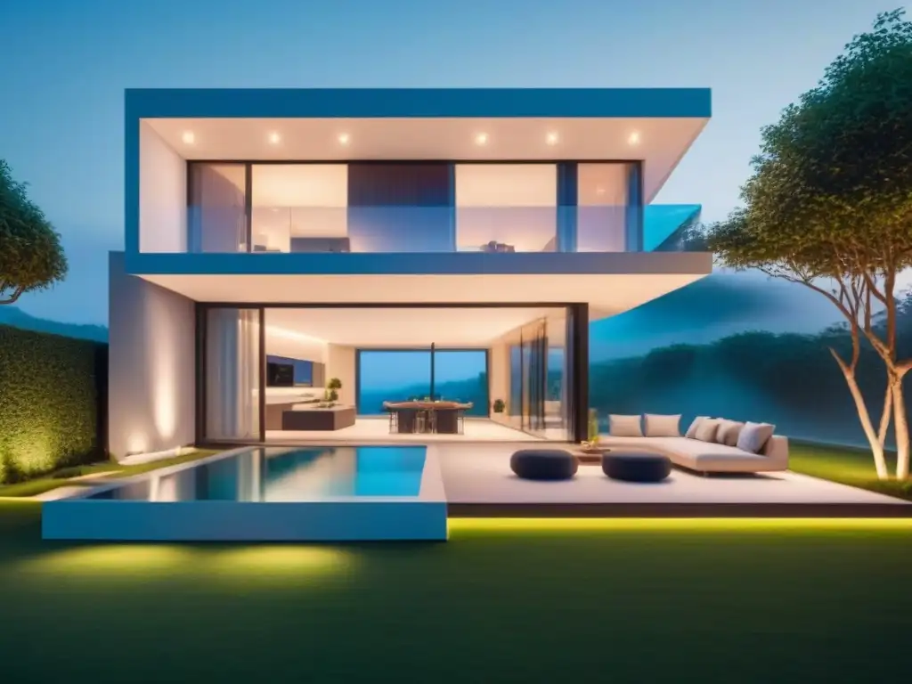 Smart home futurista: tecnología avanzada en un ambiente minimalista Una casa inteligente futurista con tecnología avanzada, iluminación automatizada y control climático