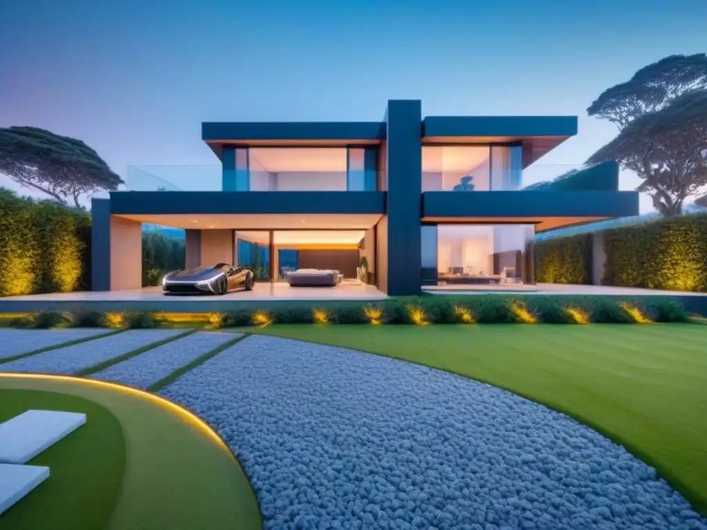 Smart home de lujo con tecnología blockchain y jardín futurista Una casa inteligente de lujo con tecnología blockchain en mercado inmobiliario internacional, integración de alta gama y jardín futurista