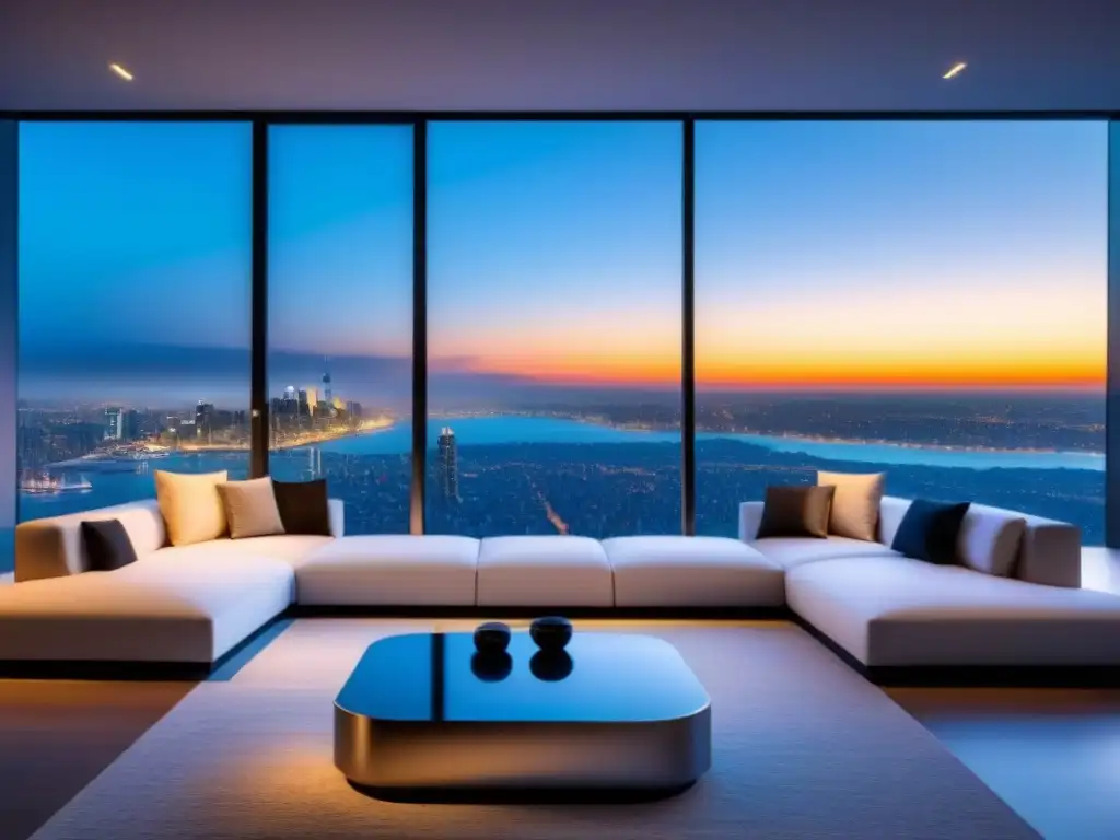 Residencia inteligente de lujo con tecnología de vanguardia Una casa inteligente de lujo con tecnología avanzada en propiedades de lujo, diseño moderno y vista urbana al atardecer