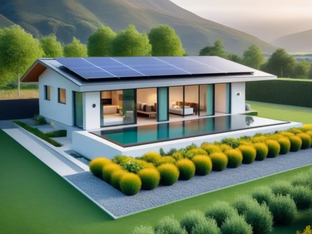 Vivienda inteligente sustentable en 8k: eficiente, moderna y elegante Casa inteligente sostenible con paneles solares y jardín verde, perfecta para invertir en casas inteligentes sostenibles