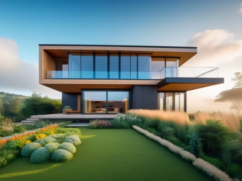 Casa ecológica: armonía natural y sostenibilidad Una casa ecológica moderna construida con materiales naturales para reducir costos, rodeada de un jardín exuberante