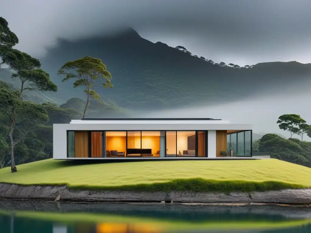 Residencia moderna con protección ante desastres naturales Una casa moderna con protección contra desastres naturales, rodeada de naturaleza tranquila