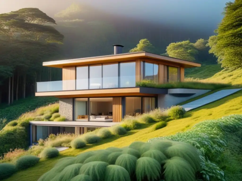Vivienda ecofriendly: diseño sostenible en armonía con la naturaleza Una casa moderna y ecológica construida con materiales naturales, rodeada de vegetación exuberante e integrada armónicamente en el entorno