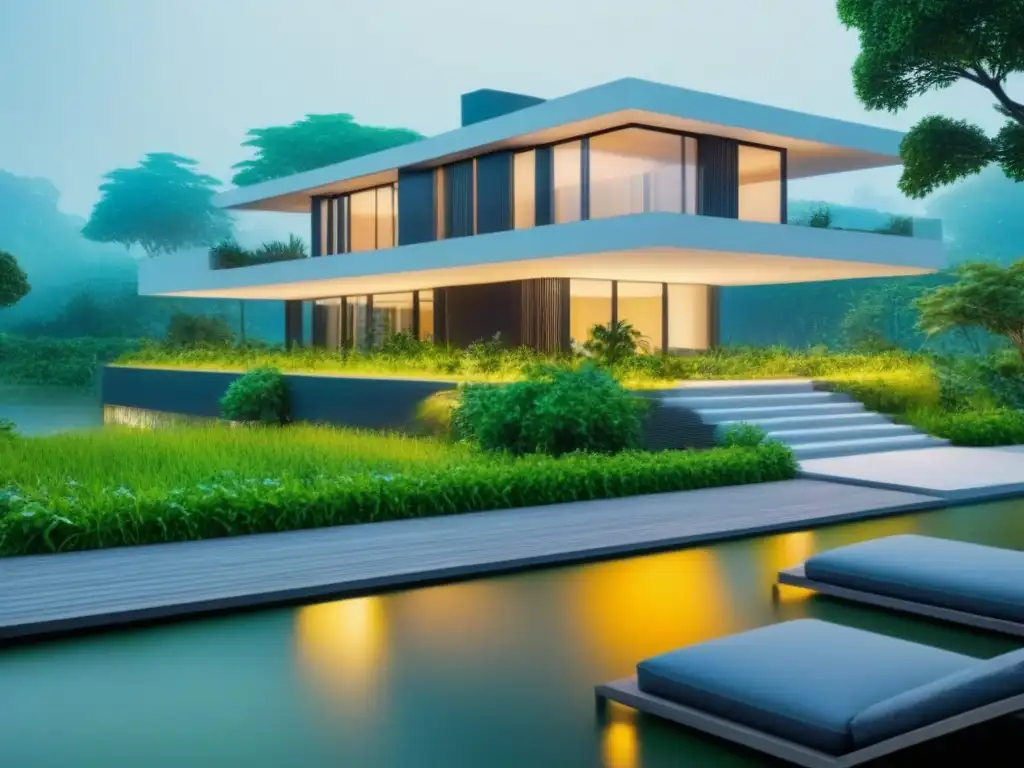 Residencia moderna rodeada de vegetación, diseño resistente a inundaciones Casa moderna en entorno verde con diseño innovador y medidas de seguridad ante inundaciones