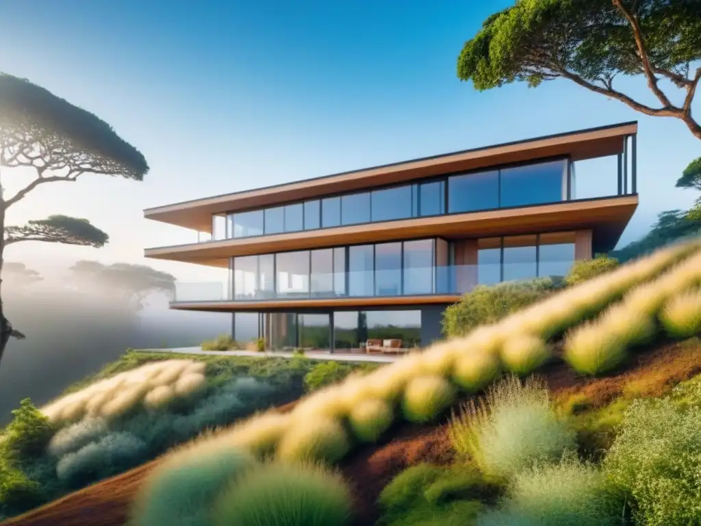 Casa ecológica moderna en armonía con la naturaleza Una casa moderna sostenible construida con materiales naturales en armonía con la naturaleza en diversos climas