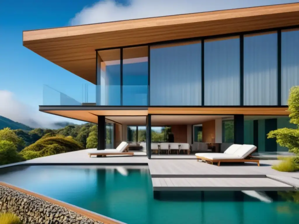 Casa moderna sostenible en armonía con la naturaleza Una casa moderna sostenible construida con materiales naturales en armonía con el entorno, iluminada por luz natural en un paisaje diverso