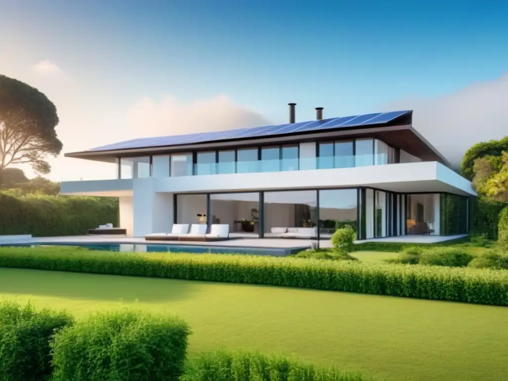 Moderna casa sostenible con paneles solares en entorno natural Una casa sostenible moderna con paneles solares, rodeada de vegetación, bajo cielo azul