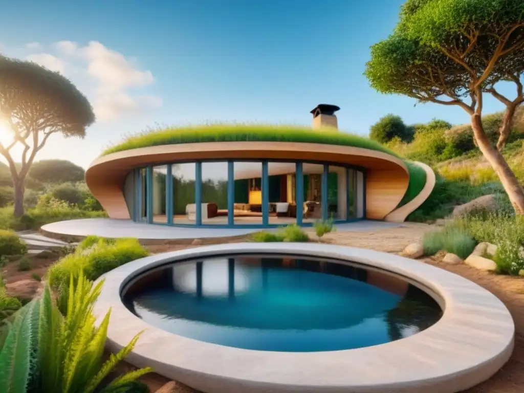 Casa de barro moderna con techo verde en jardín sostenible Una casa de cob sostenible con paredes curvas, techo verde y paneles solares