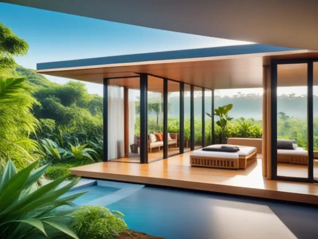 Eco-casa de bambú y madera rodeada de naturaleza Casa sostenible rodeada de naturaleza, construida con materiales naturales como bambú y madera reciclada