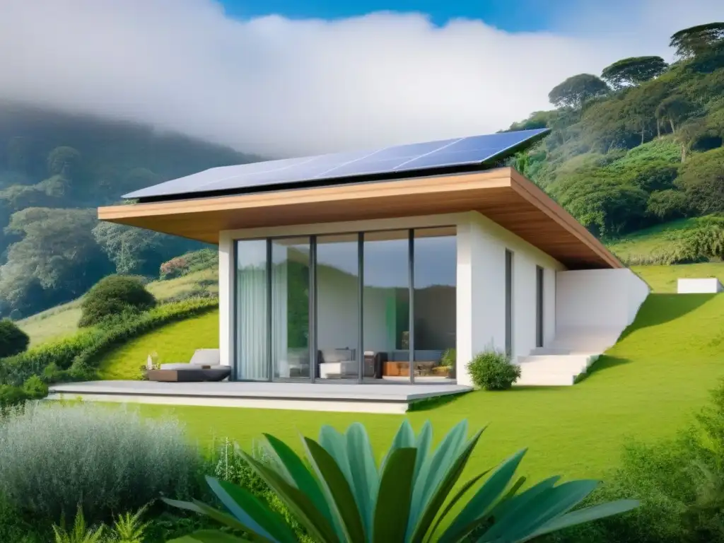 Casa ecológica: armonía moderna con la naturaleza Una casa de tierra ecoamigable con paneles solares, ventanas grandes y diseño contemporáneo en armonía con la naturaleza