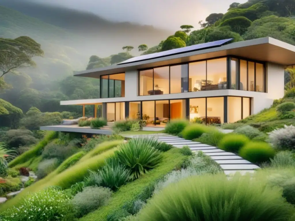 Hogar ecológico integrado en la naturaleza: diseño único y sostenible Una casa de tierra moderna y sostenible en armonía con la naturaleza