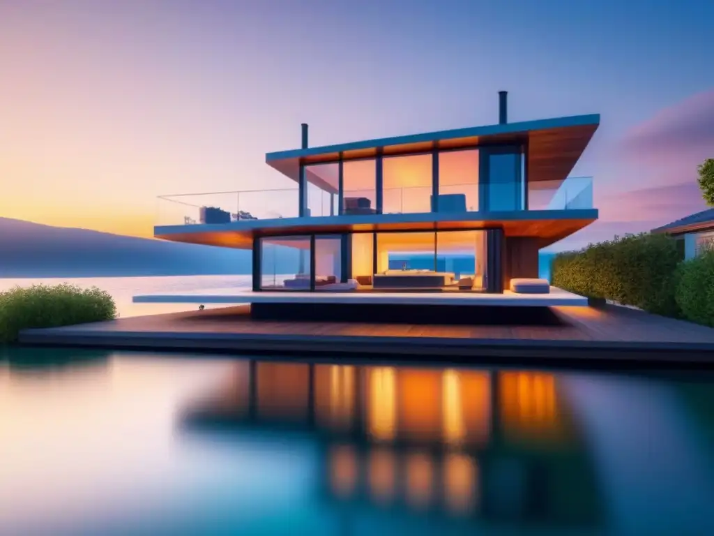 Residencia flotante de lujo en atardecer vibrante Inversión en casas flotantes acuáticas: Una casa flotante futurista con diseño moderno, rodeada de aguas cristalinas al atardecer
