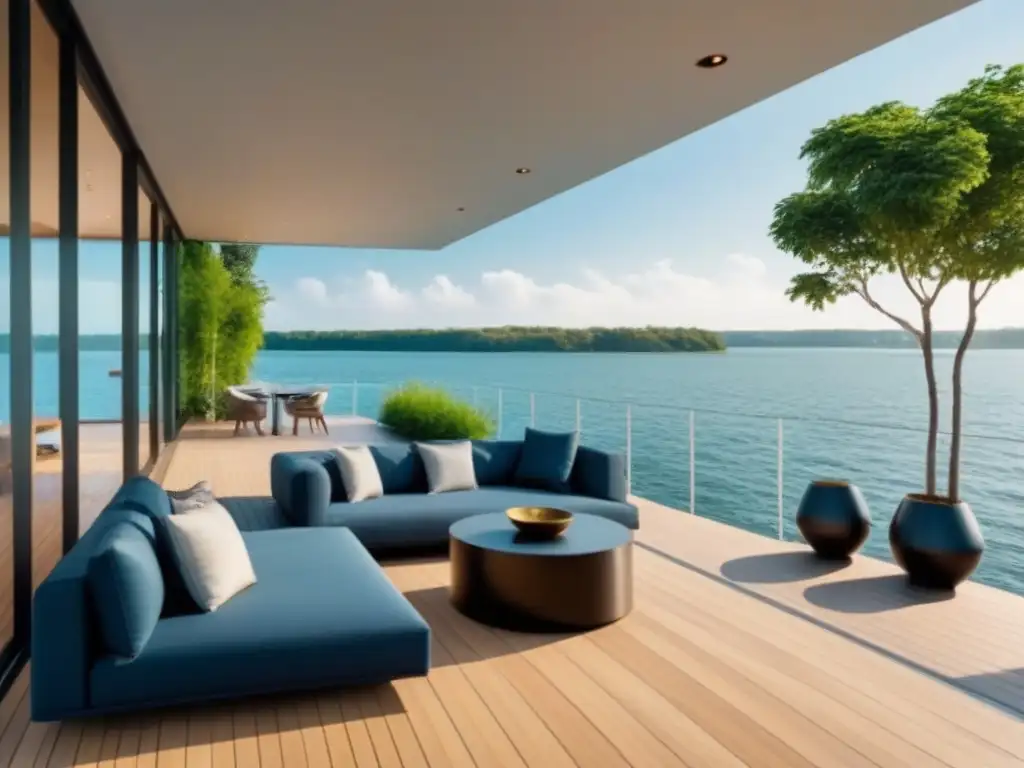 Casa flotante de lujo con vista panorámica al agua Inversión en casas flotantes acuáticas con diseño moderno y vistas panorámicas a un cuerpo de agua tranquilo, rodeado de vegetación exuberante