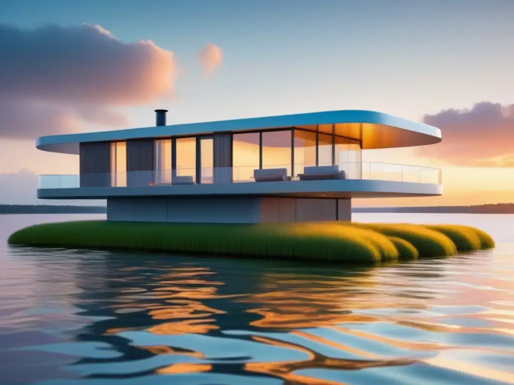Vivienda flotante futurista en entorno natural Inversión en casas flotantes acuáticas: Moderna vivienda flotante se fusiona con entorno acuático, reflejando el atardecer en ventanas de piso a techo