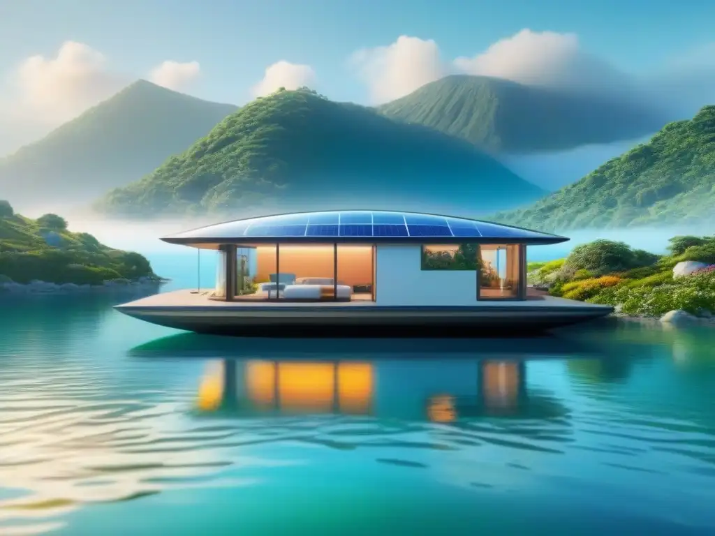 Casa flotante futurista integrada en paisaje acuático sereno Inversión en casas flotantes acuáticas: Casa futurista flotante en paisaje acuático sereno con diseño moderno y sostenible