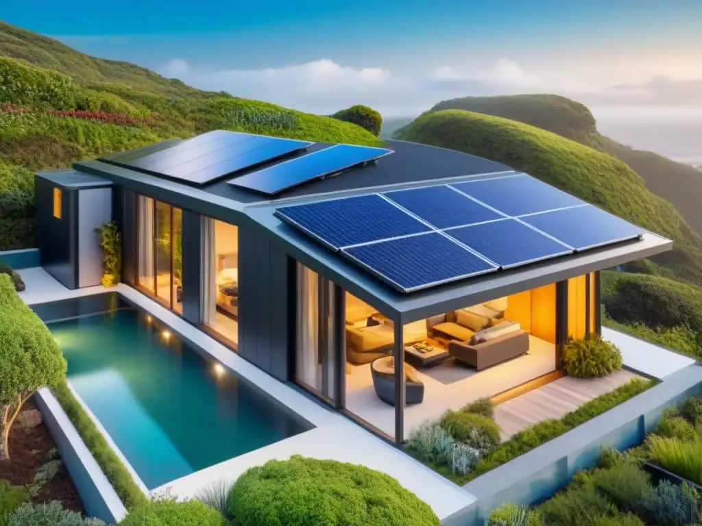 Hogar inteligente y sostenible: el futuro verde Invertir en casas inteligentes sostenibles: Una visión futurista de hogares sostenibles con paneles solares, vidrio y naturaleza