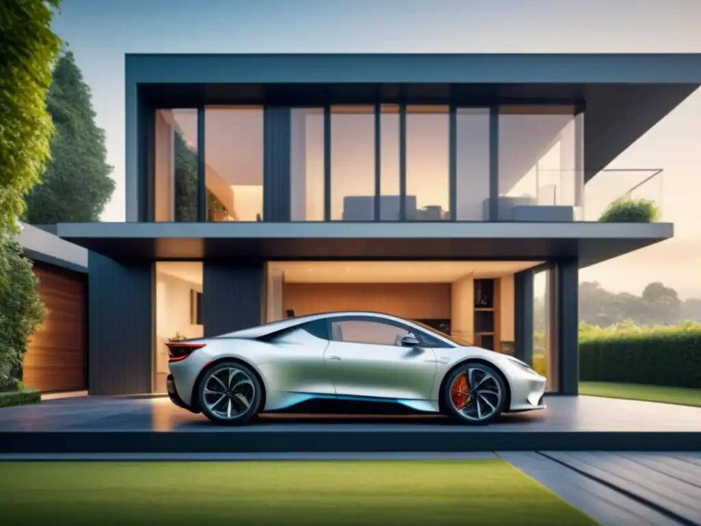 Smart home sostenible: diseño ecofriendly y tecnología avanzada en 8k Invertir en casas inteligentes sostenibles: Hogar moderno y sostenible con paneles solares, coche eléctrico y naturaleza exuberante
