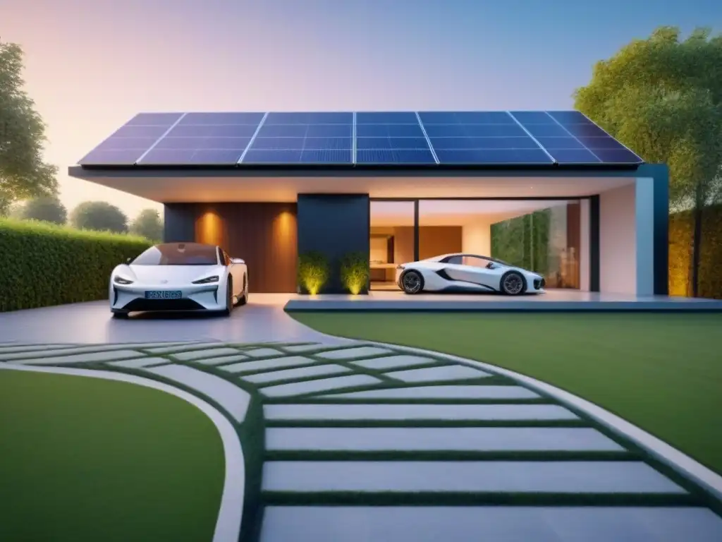 Hogar inteligente sostenible: futuro de la vivienda ecoamigable Invertir en casas inteligentes sostenibles: Casa moderna con paneles solares, coche eléctrico y jardín verde