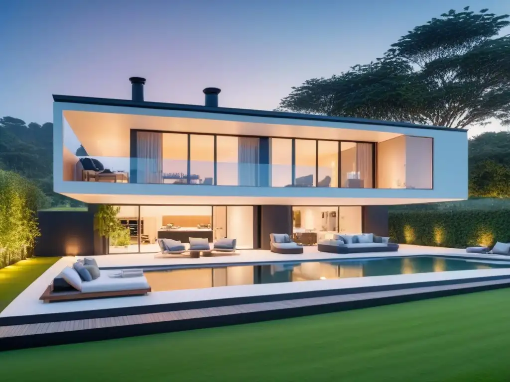 Vivienda sustentable: hogar inteligente y ecoamigable Invertir en casas inteligentes sostenibles: Casa moderna y ecológica con paneles solares y turbinas eólicas, rodeada de vegetación exuberante