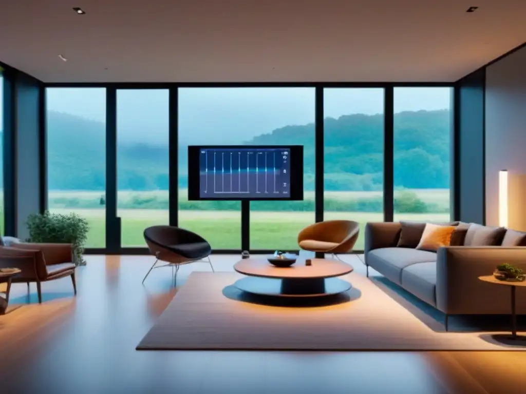 Interior de hogar inteligente ecoeficiente y moderno Invierte en casas inteligentes sostenibles con tecnología LED, paneles solares y control de energía