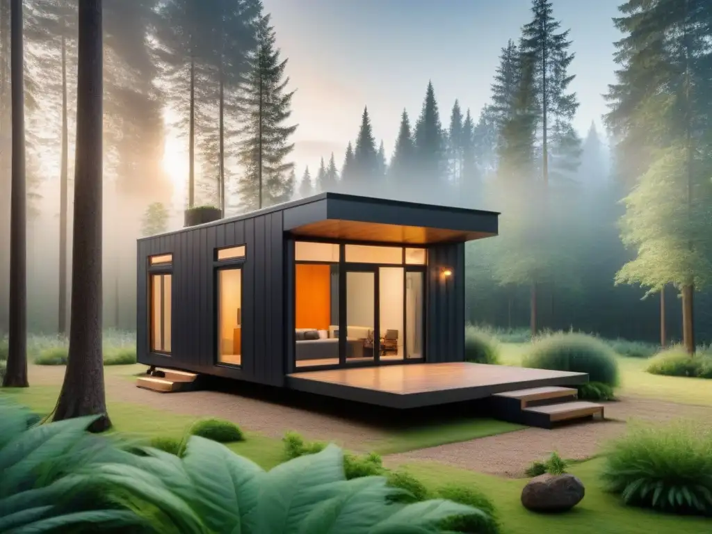 Hogar ecoamigable en bosque: diseño moderno en armonía con la naturaleza Inversión en casas pequeñas: Moderna mini casa en bosque, diseño eco-friendly y ventanales, luz cálida entre árboles