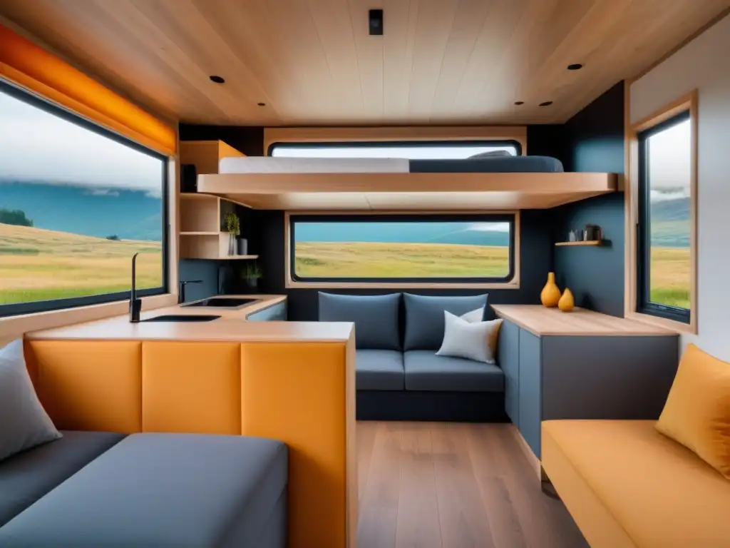 Diseño innovador de casa pequeña con soluciones espaciales inteligentes Inversión en casas pequeñas: Interior moderno de hogar diminuto con soluciones innovadoras y tecnología inteligente