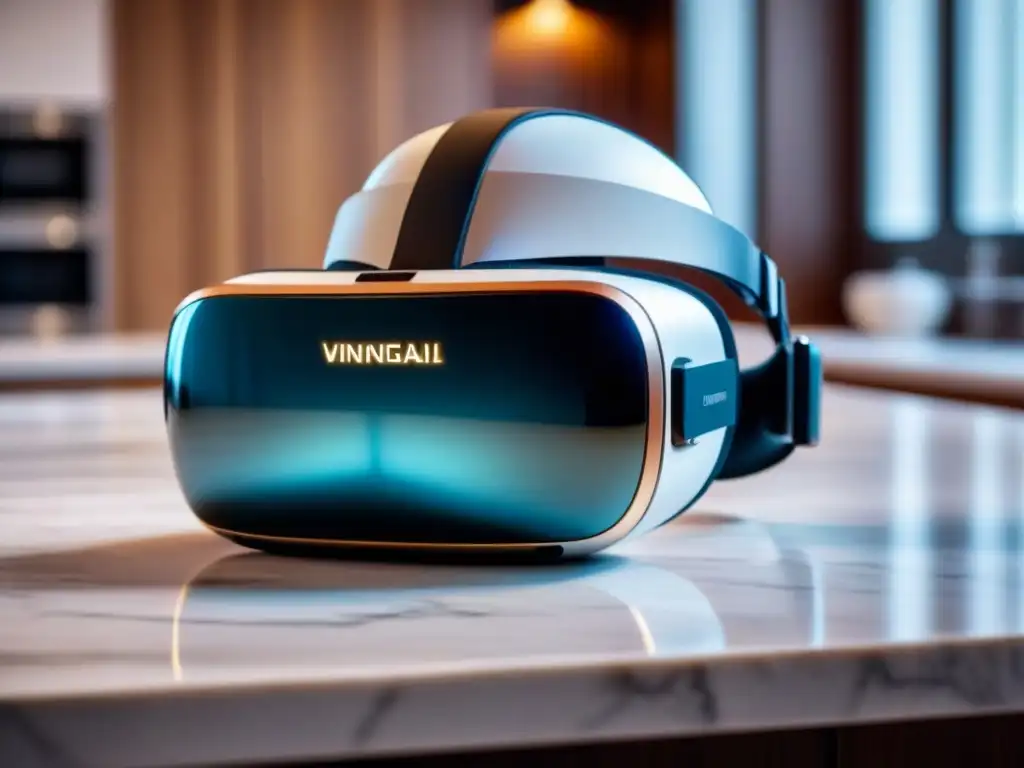 Headset de Realidad Virtual Futurista en Encimera de Mármol Un casco de realidad virtual futurista sobre mármol, reflejando un lujoso salón moderno