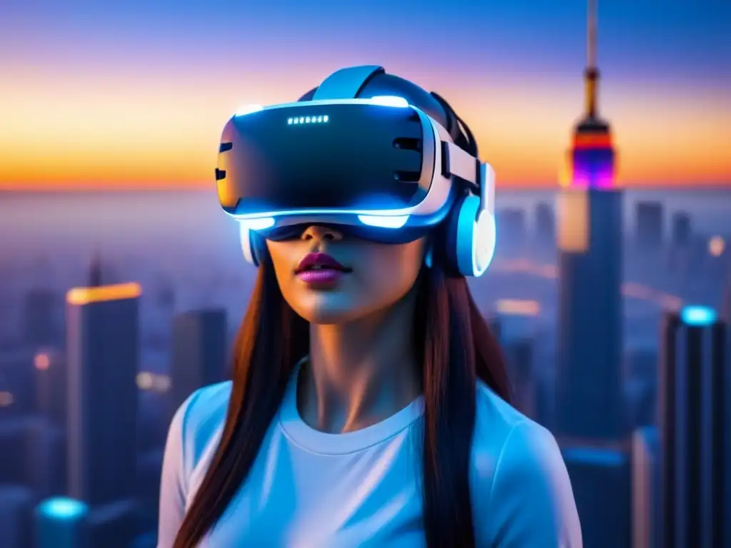 Realidad virtual futurista: Headset en ciudad al atardecer Un casco de realidad virtual futurista en el aire, con luz azul, datos digitales y formas geométricas, frente a un horizonte urbano al atardecer