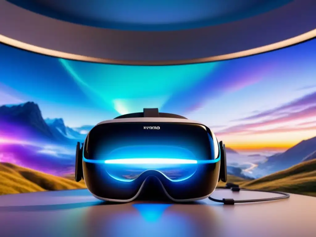 Realidad virtual futurista para inspecciones inmobiliarias Un casco de Realidad Virtual futurista brilla en un paisaje digital vibrante