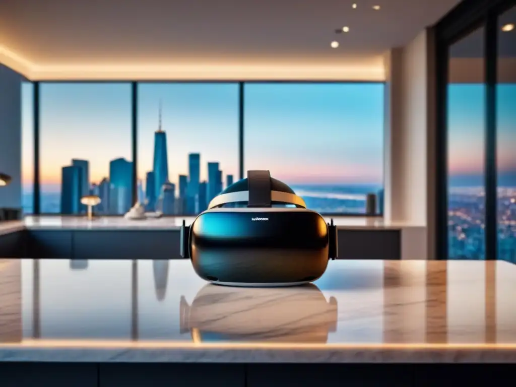 Realidad virtual de lujo en un penthouse de la ciudad Un casco de realidad virtual moderno en mármol lujoso, iluminado en un elegante apartamento urbano