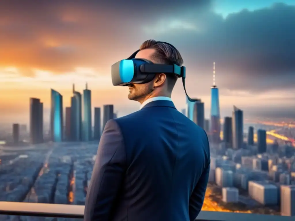 Realidad virtual: ciudad futurista y datos de marketing Un casco de realidad virtual moderno en una ciudad futurista con datos de análisis de marketing inmobiliario internacional herramientas tecnológicas