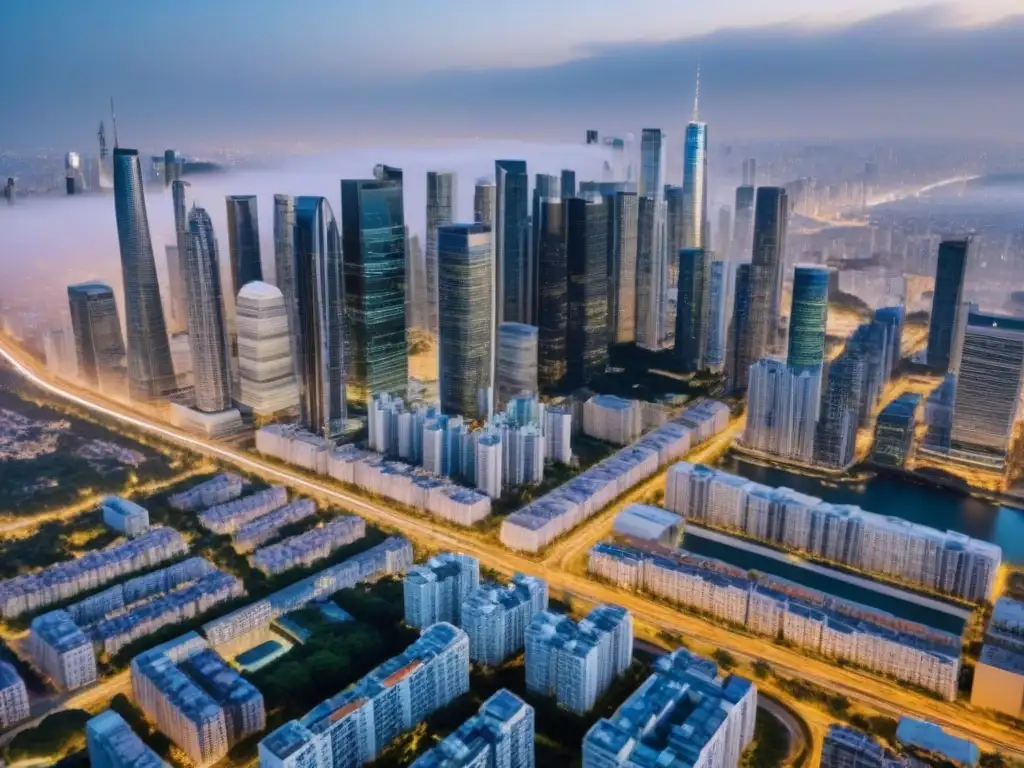 Metrópolis moderna: impacto del Big Data en bienes raíces Casos éxito big data mercado inmobiliario: Vista aérea detallada de ciudad moderna, reflejo de innovación y progreso