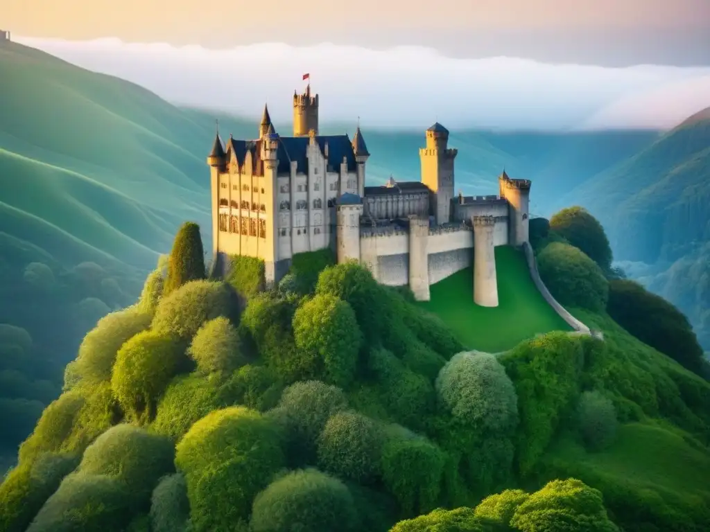 Castillo antiguo: esplendor dorado en la colina verde Castillo antiguo en colina verde, iluminado por el sol dorado, con detalles arquitectónicos y propiedades de lujo históricas globales