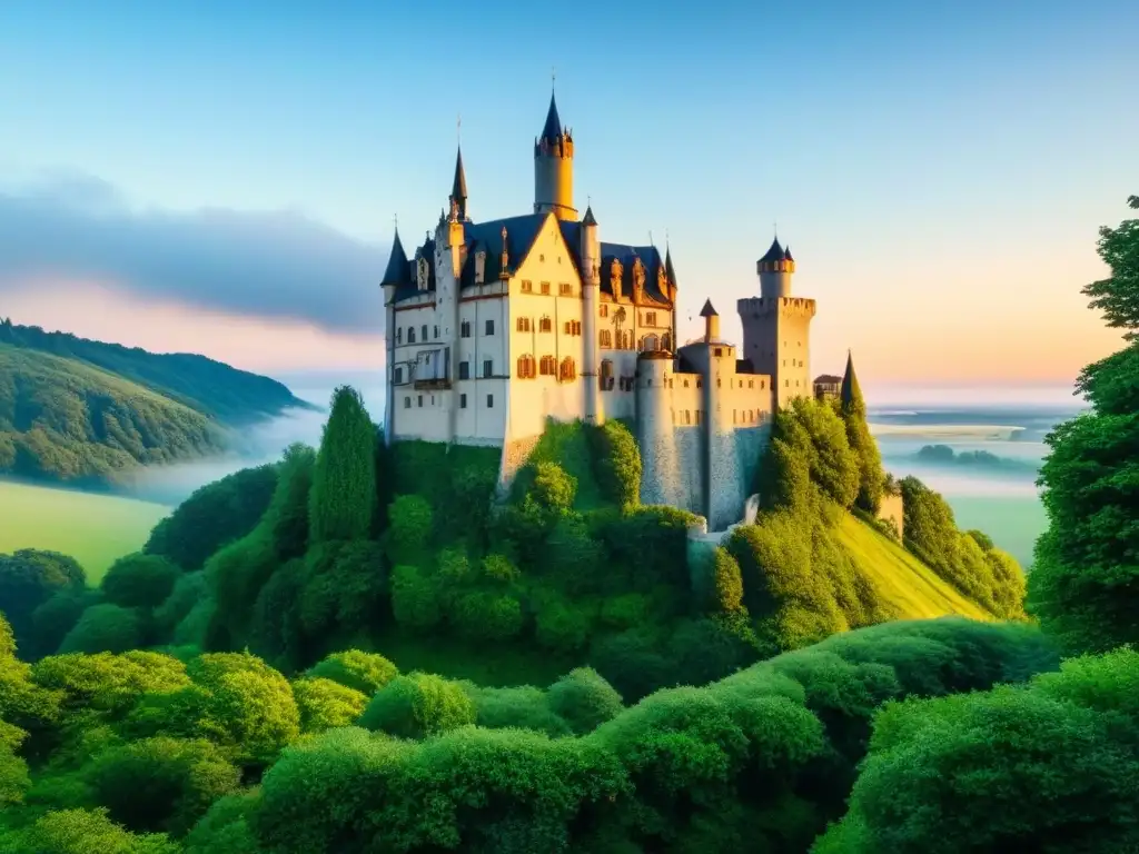 Castillo europeo histórico: esplendor medieval entre la naturaleza Castillo europeo histórico entre la vegetación, resaltando su arquitectura medieval bajo la luz dorada del atardecer