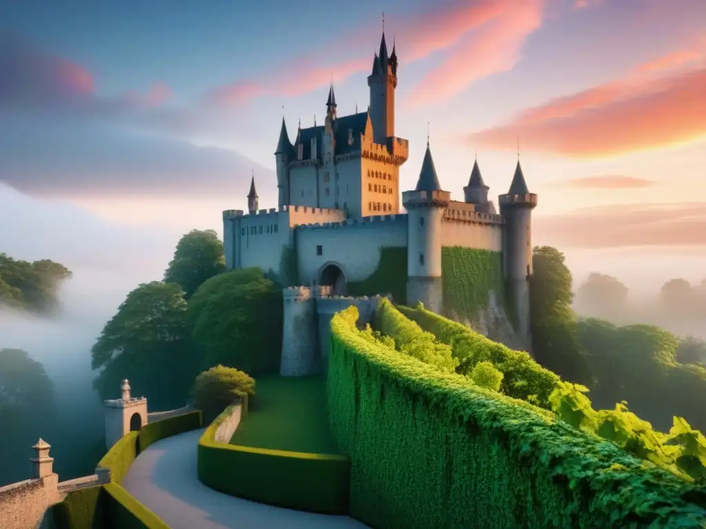 Castillo europeo en atardecer vibrante: detalle y encanto Un castillo europeo majestuoso al atardecer, rodeado de naturaleza