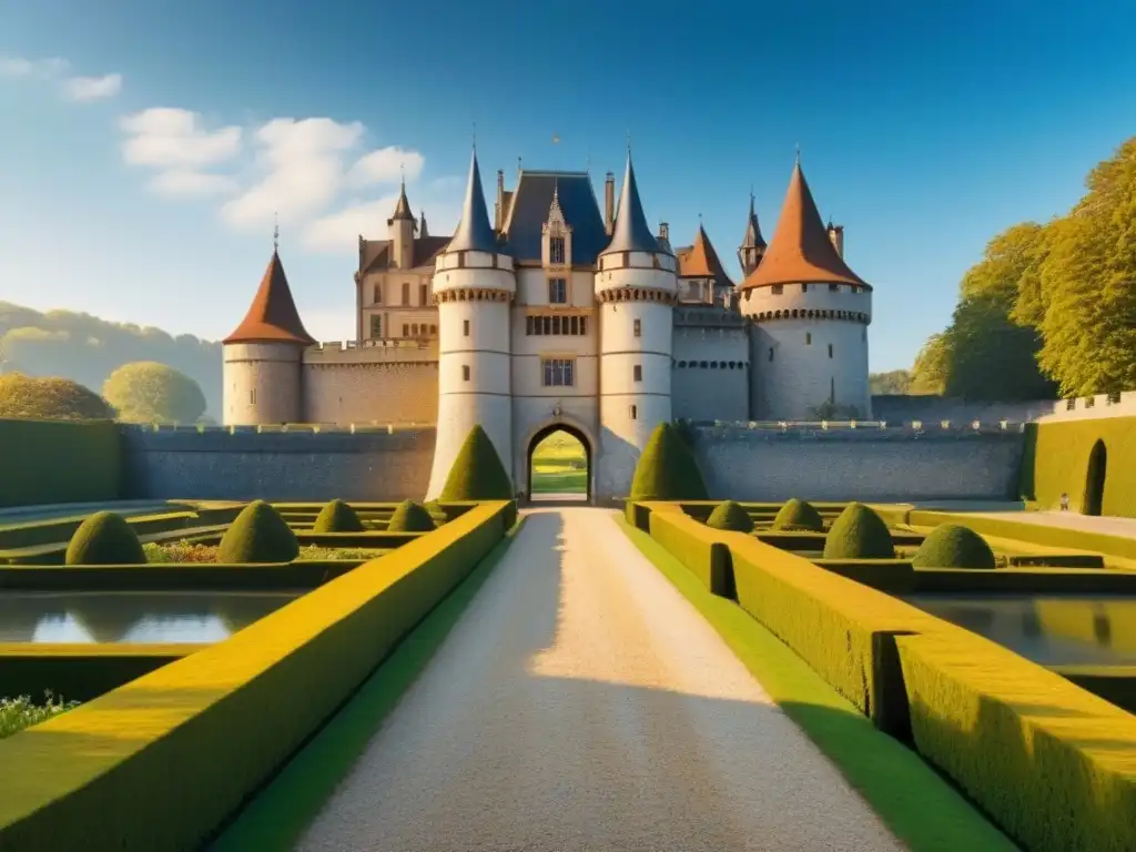 Castillo europeo majestuoso rodeado de naturaleza exuberante Un castillo europeo majestuoso rodeado de naturaleza exuberante, con un foso brillante bajo un cielo azul claro
