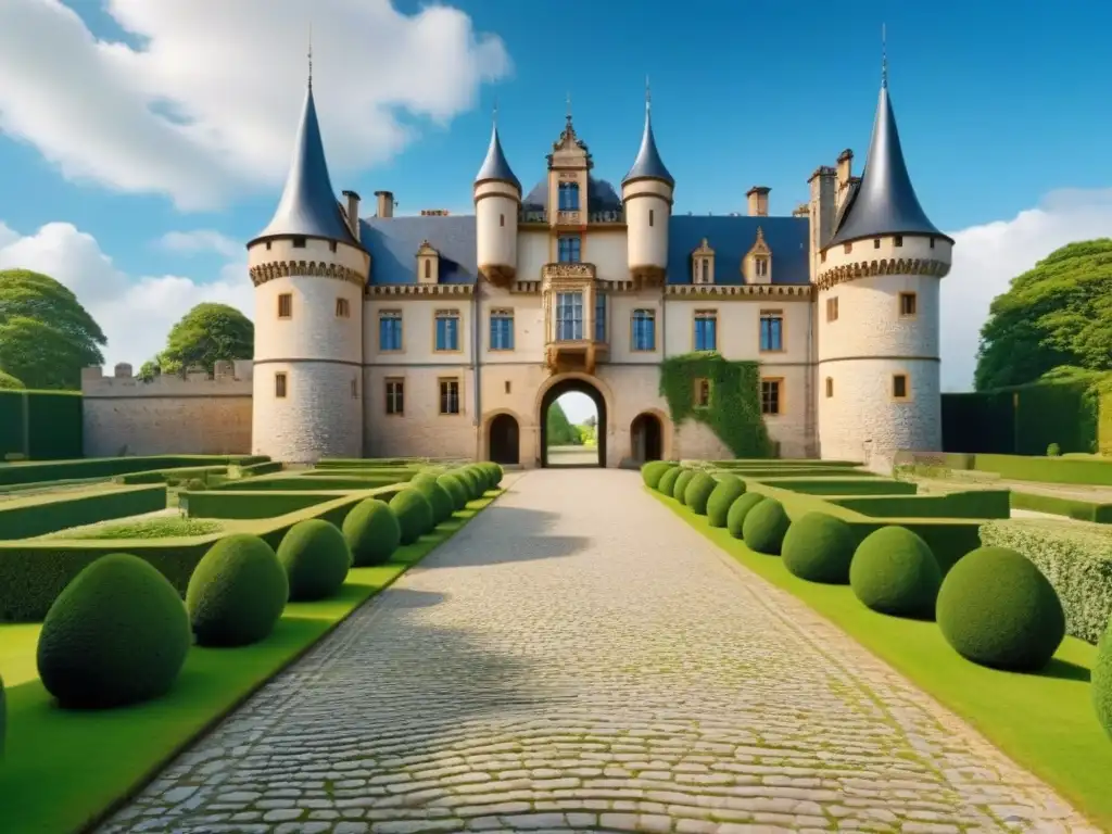Castillo histórico restaurado en jardines exuberantes Un castillo europeo restaurado rodeado de exuberantes jardines, bajo un cielo azul con nubes blancas