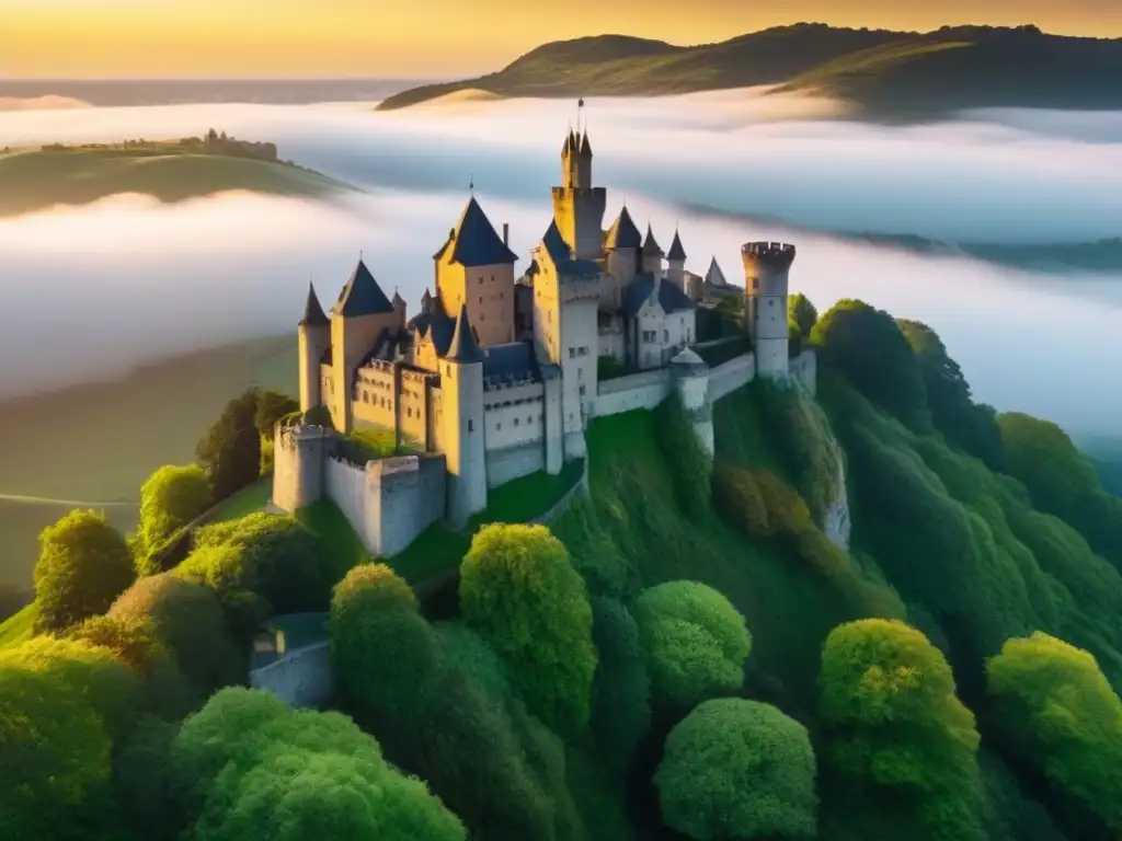 Castillo histórico entre colinas verdes al atardecer Castillo histórico rodeado de colinas verdes, iluminado por el cálido atardecer