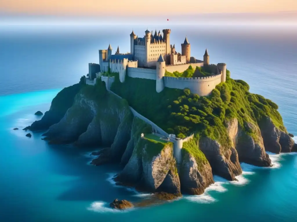 Castillo medieval en acantilado frente al mar Castillo majestuoso en acantilado con vista al mar turquesa y jardines exuberantes